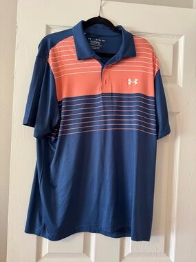 Under Armour Men’s Navy and Coral Striped Performance Polo